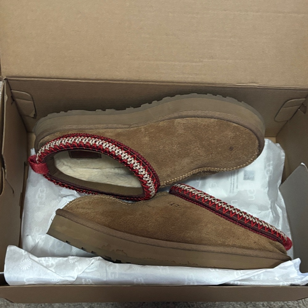 UGG Tan Suede Slip-On with Red Trim